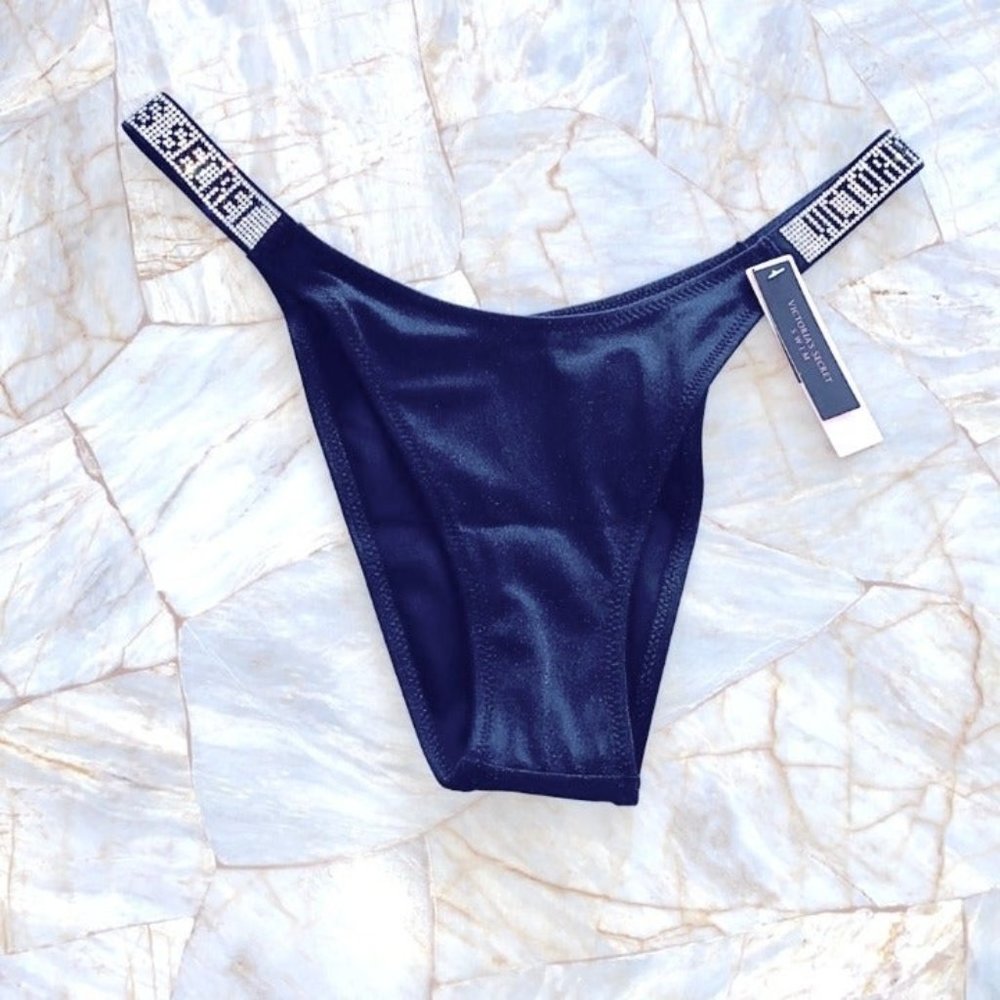 New VS‎ Shine Strap Brazilian Bikini Bottom Swim Panty Black Medium